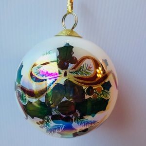 Vintage JC Penney Reverse Painted Glass Ball Christmas Ornament Bells Holly